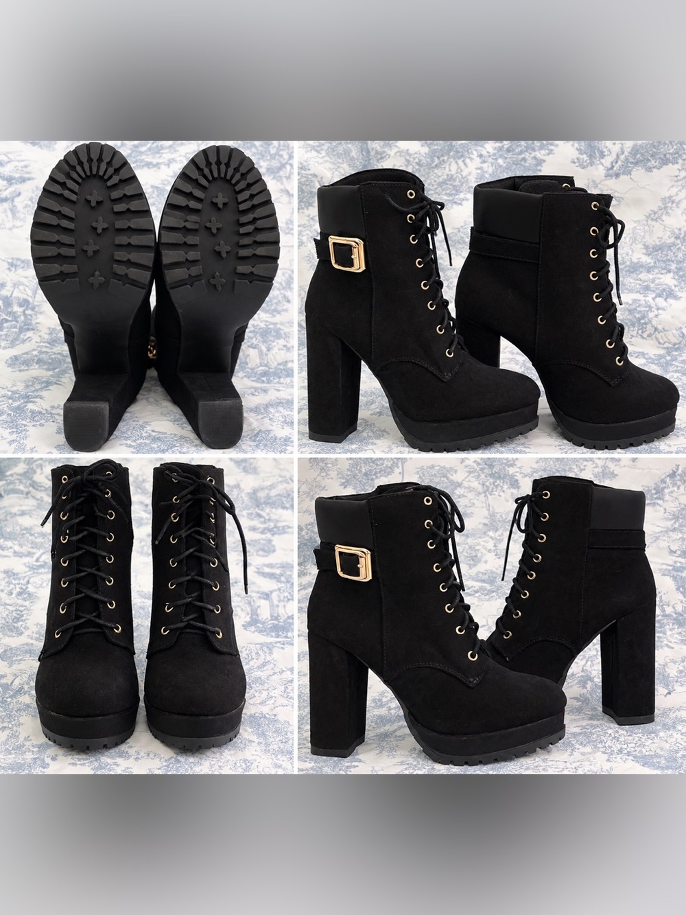 Shoe Dazzle Black Lace-Up Platform Ankle Boots with Gold Buckle